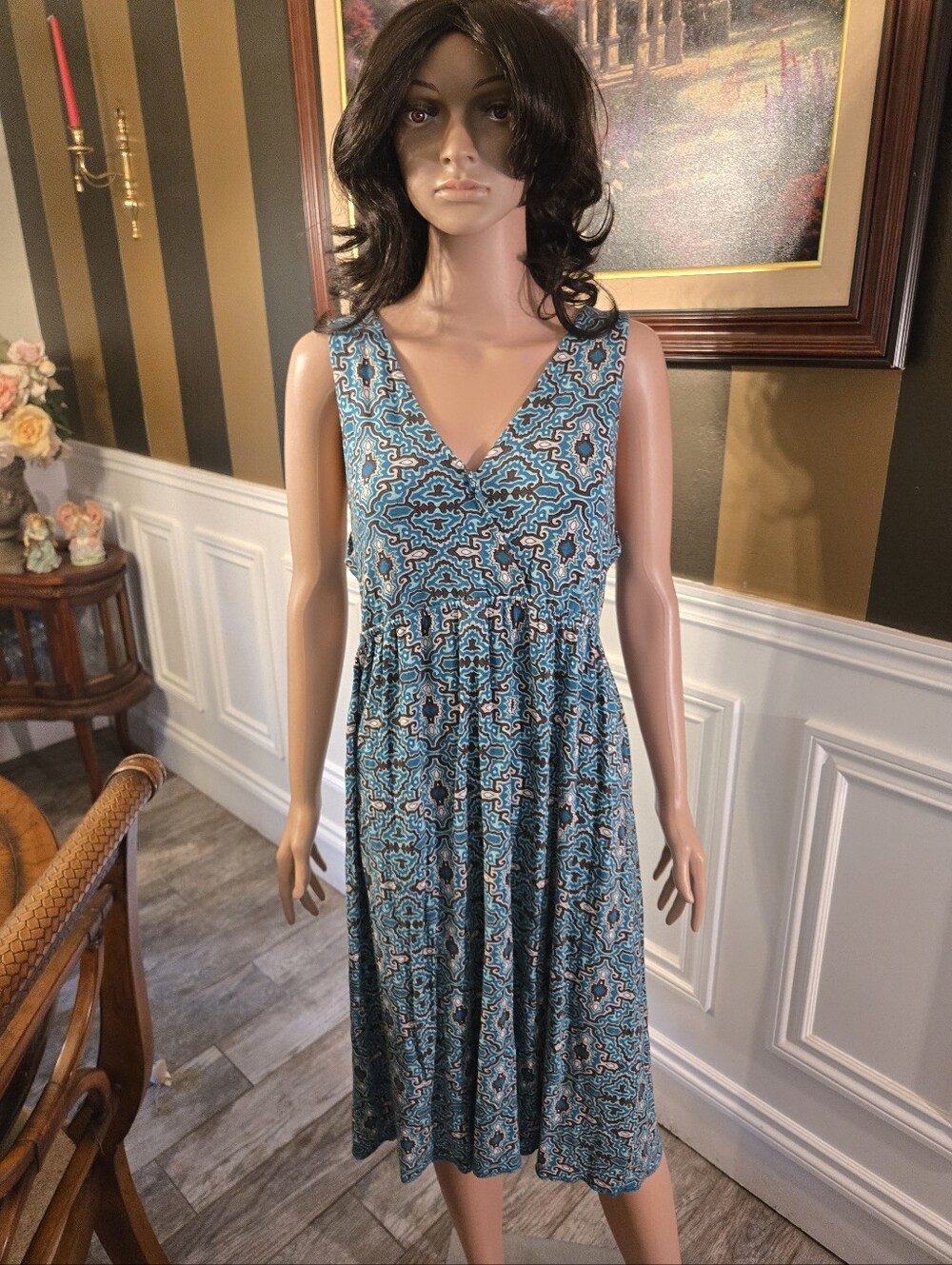 New York & Company Teal Patterned V-Neck Sleeveless Dress